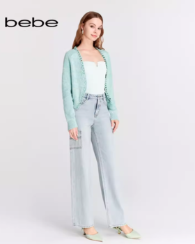 【2F】bebe2024春季新款女士气质链条长袖短款宽松针织开衫