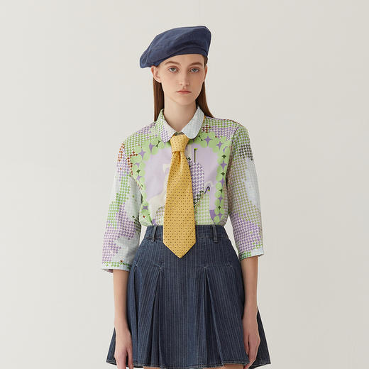 谜底合体花色衬衫女2024夏新款文艺风原创印花衬衣分袖246MC7006 商品图0