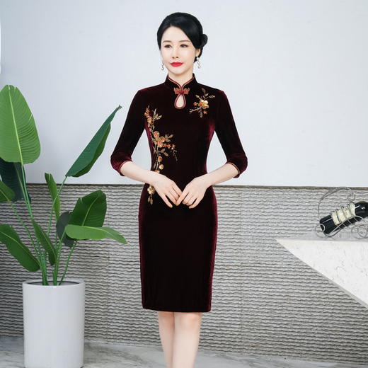新款改良丝绒旗袍长款气质HYX-23-7806 商品图6