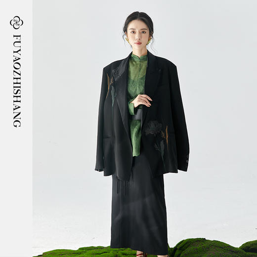 扶摇 刺绣西装男女同款长袖小西服新中式女装小众oversize黑 商品图1