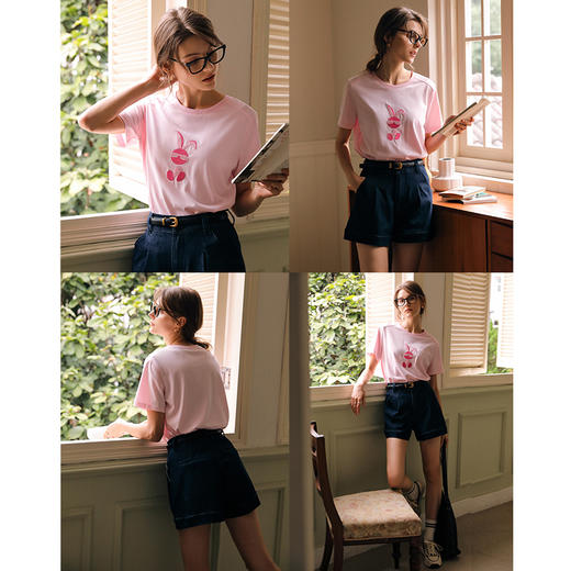 OLrain欧芮儿粉色短袖T恤女早春2024新款气质显瘦趣味十字绣上衣 商品图2