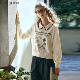 OLrain欧芮儿杏色短款卫衣女早春2024新款翻领趣味印花套头上衣