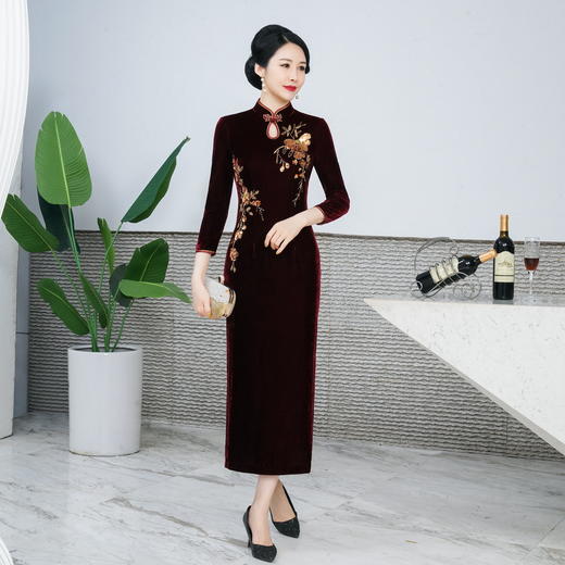 新款改良丝绒旗袍长款气质HYX-23-7806 商品图0