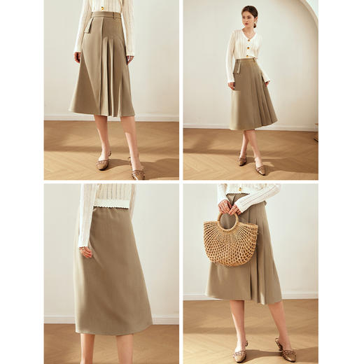 OLrain欧芮儿卡其色百褶半身裙女早春2024年新款复古不对称马面裙 商品图2
