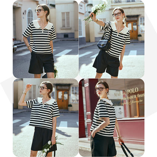 OLrain欧芮儿黑白条纹T恤女早春2024年新款宽松娃娃领短袖上衣 商品图2