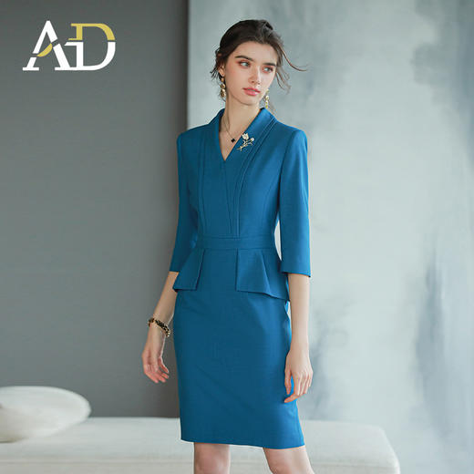 AD靛蓝色西装连衣裙新款气质工作服套装裙酒店前台经理正装 商品图3