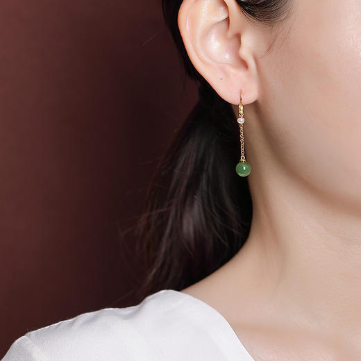 S925纯银镀金和田碧玉淡水珍珠，国潮龙凤呈祥圆珠耳坠银耳钩CW-EG01918 商品图3