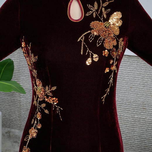 新款改良丝绒旗袍长款气质HYX-23-7806 商品图4