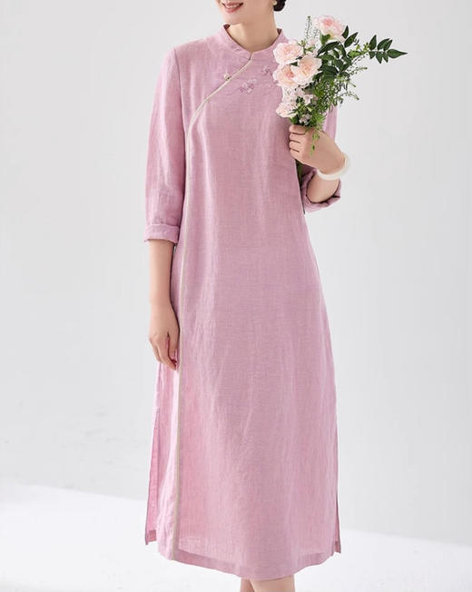 亚麻刺绣长袖长款连衣裙，立领宽松轻旗袍HS24832 商品图2