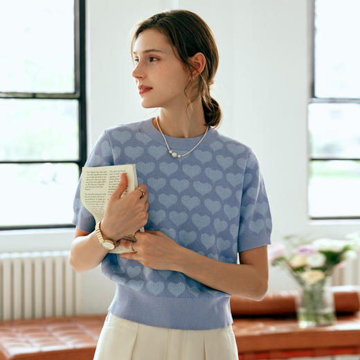 OLrain欧芮儿浅蓝色针织衫女早春2024年新款双色爱心提花短袖上衣 商品图1