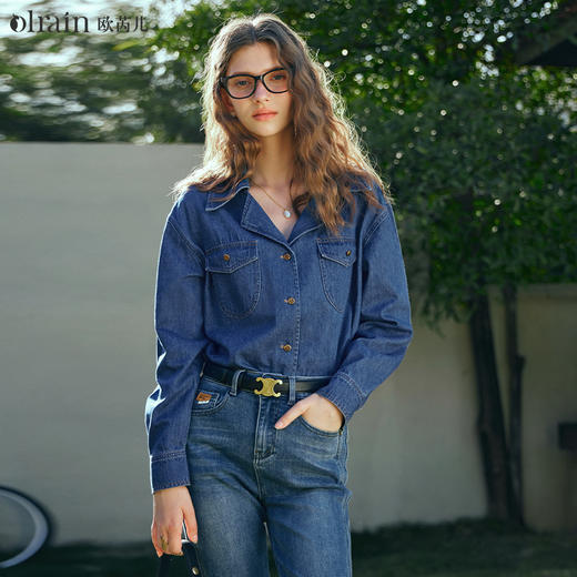 欧芮儿法式复古牛仔衬衫女早春2024新款长袖西装领上衣衬衣高级感 商品图0