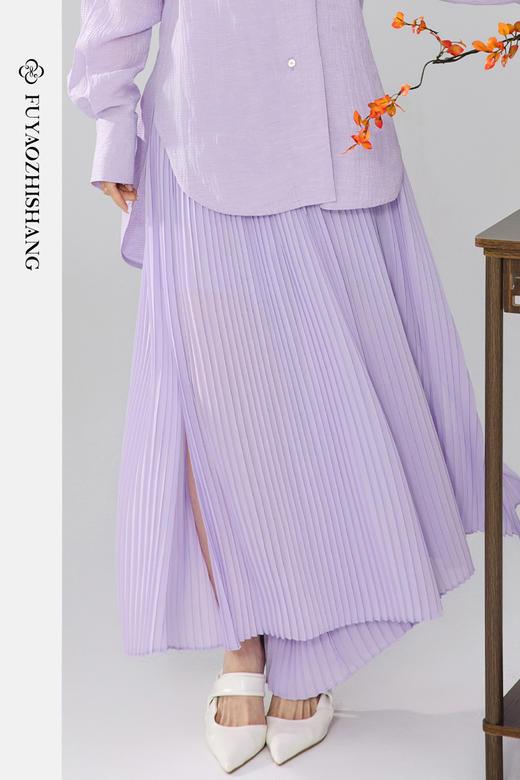 扶摇 紫色压褶半裙2024春季高腰开叉半身裙高级感复古百褶裙 商品图5