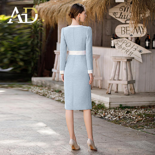 AD名媛气质小香风连衣裙蓝色长袖裙时尚圆领接拼包臀裙 商品图4