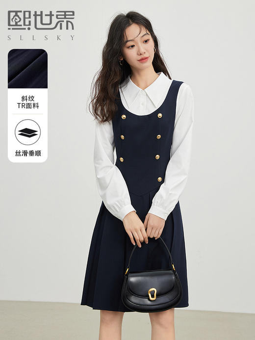 【1件72折】熙世界学院风假两件连衣裙女秋装2025新款法式通勤拼接衬衫领裙子 商品图0