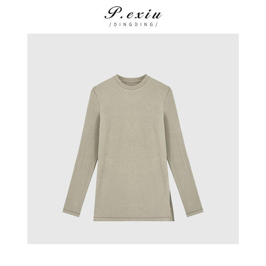 04-4潘依绣丁丁宠粉【至简美学】秋冬下摆侧开叉圆领宽松百搭长袖T恤 W-61726 商品图1