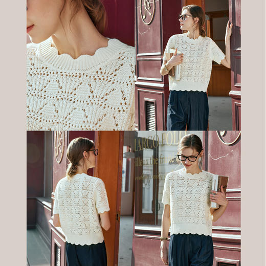 OLrain欧芮儿法式杏白色针织衫女早春2024新款宽松度假风镂空上衣 商品图2
