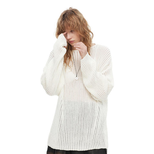 NUTH宽松大廓形圆领慵懒感条纹镂空针织罩衫女 商品图3