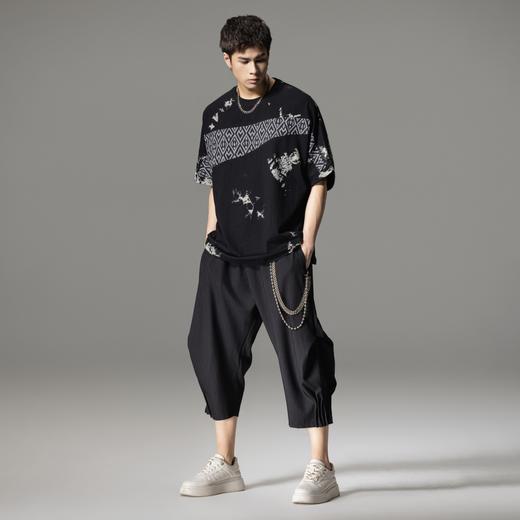 PINLI品立2024夏季新款纯色宽松七分裤潮牌时尚褶皱直筒休闲裤男B242117022 商品图4