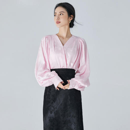 扶摇 改良版汉服衬衣长袖上衣日系新中式国风粉色真丝衬衫女 商品图1
