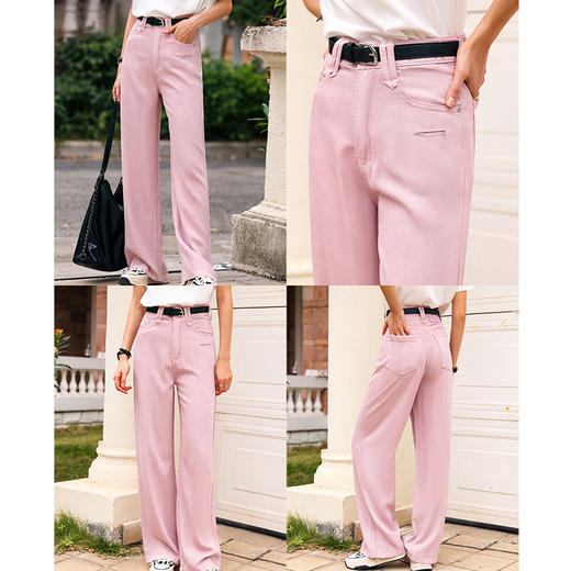 OLrain欧芮儿粉色高腰牛仔裤女早春2024年新款复古通勤休闲直筒裤 商品图2
