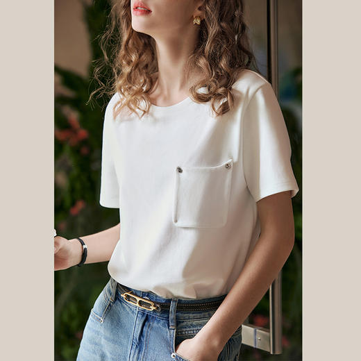 OLrain欧芮儿米白色T恤女早春2024年新款简约宽松别致百搭短袖 商品图1