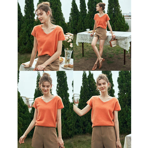 OLrain欧芮儿薄款针织衫女春季2024新款时尚V领别致花纱短袖上衣 商品图2