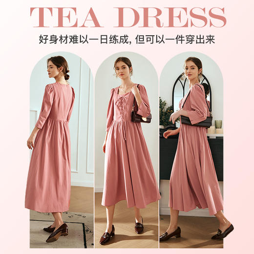 OLrain欧芮儿法式珊瑚粉连衣裙女早春2024新款茶歇收腰泡泡袖裙子 商品图3