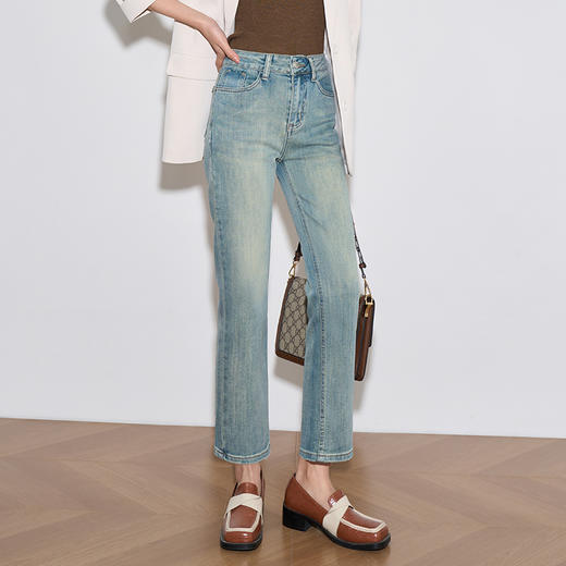 OLrain欧芮儿蓝色直筒牛仔裤女春季2024年新款复古高腰九分烟管裤 商品图2