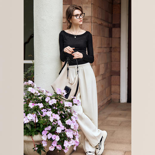 OLrain欧芮儿黑色长袖T恤女早春2024新款时尚一字领高弹针织上衣 商品图4