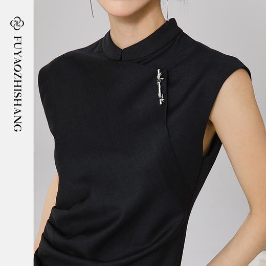 FUYAO扶摇 深灰色旗袍长裙早春开衩复古斜襟立领新中式短袖连衣裙 商品图2