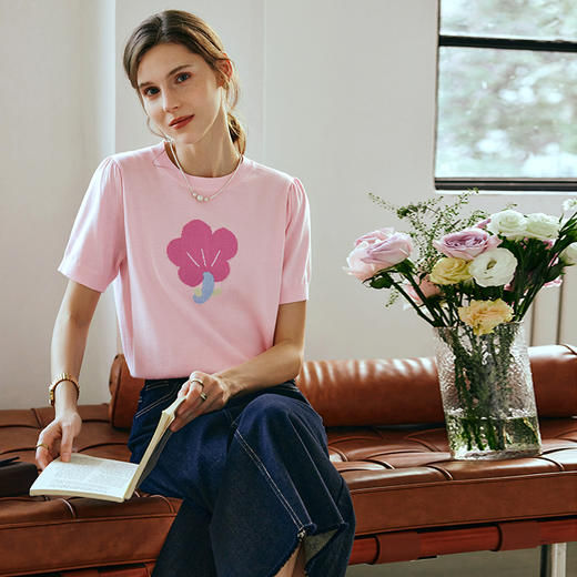 OLrain欧芮儿粉色针织衫女早春2024年新款圆领甜美小花短袖套头衫 商品图1