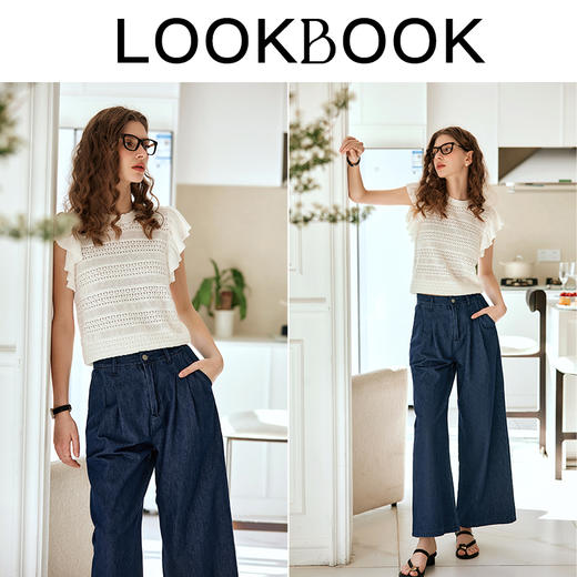 OLrain欧芮儿杏白色镂空针织衫女早春2024年新款宽松荷叶袖上衣 商品图4