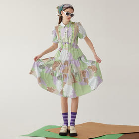 谜底衬衫式连衣裙2024夏新款田园风印花中长款塔裙短袖246ML7024