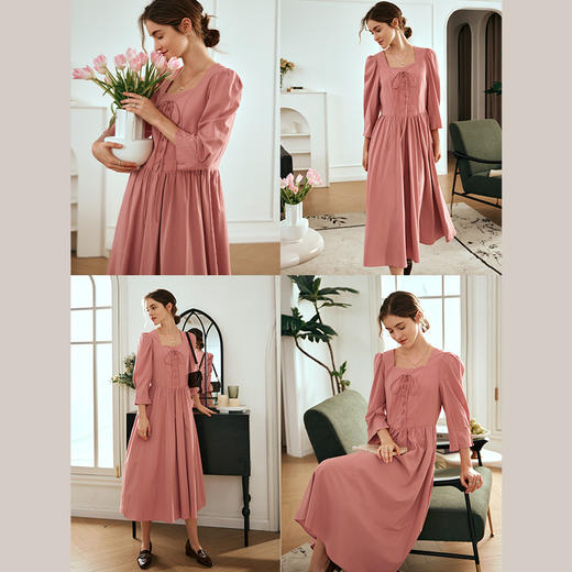 OLrain欧芮儿法式珊瑚粉连衣裙女早春2024新款茶歇收腰泡泡袖裙子 商品图2