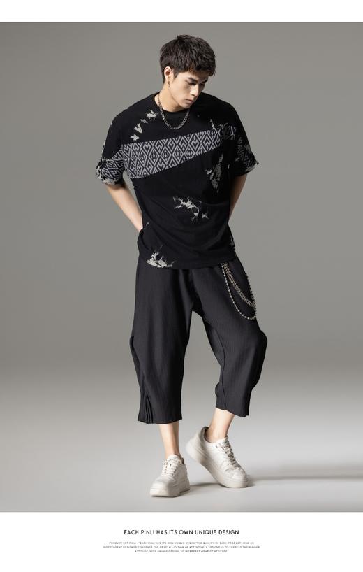 PINLI品立2024夏季新款纯色宽松七分裤潮牌时尚褶皱直筒休闲裤男B242117022 商品图8