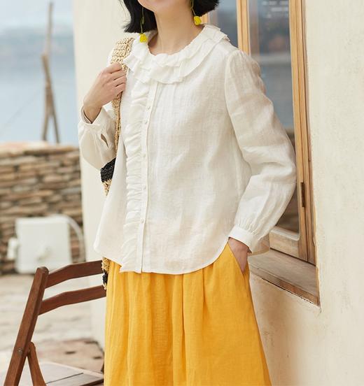 纯亚麻木耳边对丝，复古双层领女衬衣 清爽女上衣HS24833 商品图1