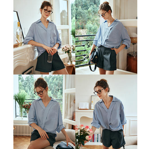 OLrain欧芮儿蓝色雪纺衫女早春2024新款通勤小众设计感高级衬衫 商品图3