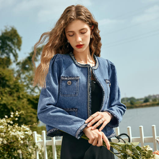 OLrain欧芮儿法式小香风牛仔外套女早春2024年新款复古圆领上衣 商品图1