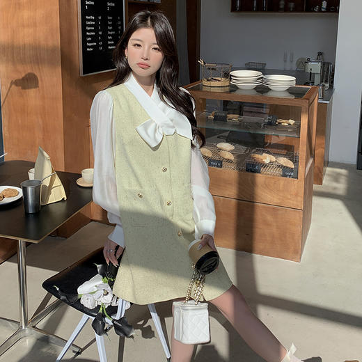 春装新品，韩系拼接假两件蝴蝶结领衬衫袖时尚宽松连衣裙HR-LXI8816 商品图6