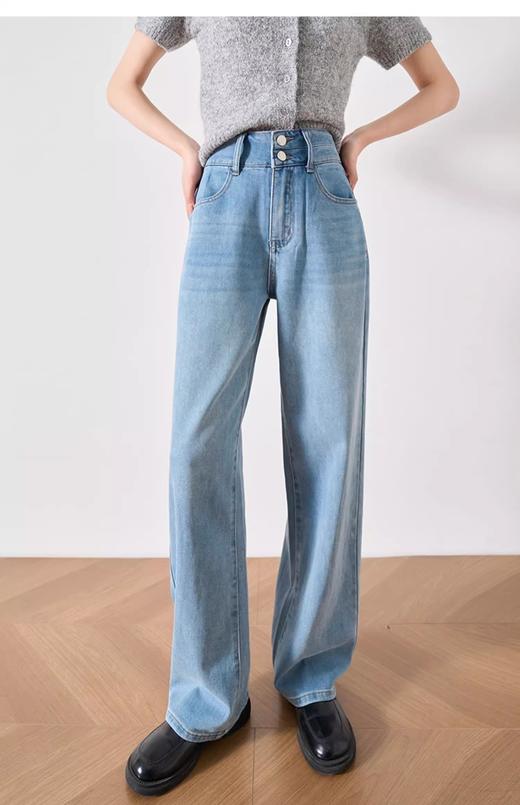 OLrain欧芮儿浅蓝色牛仔裤女春季2024年新款高腰直筒微拖地阔腿裤 商品图0