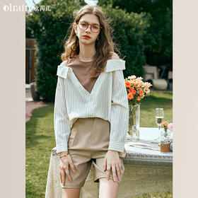 OLrain欧芮儿条纹V领衬衫女早春2024新款复古露肩长袖假两件上衣