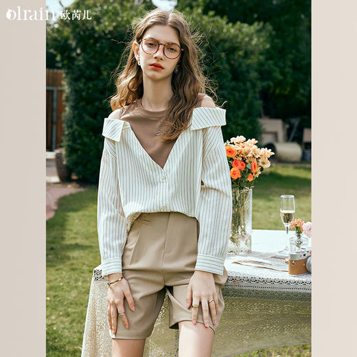 OLrain欧芮儿条纹V领衬衫女早春2024新款复古露肩长袖假两件上衣 商品图0