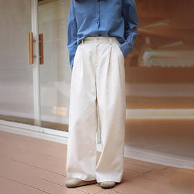 绽放075朵/米白色简约松弛斜纹全棉肌理感宽松直筒休闲阔腿裤