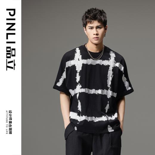 PINLI品立2024夏季新款印花短袖T恤潮牌撞色男士圆领半袖体恤上衣B242111003 商品图2