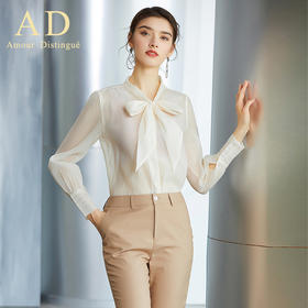 秒99元！春季时尚名媛长袖薄款香槟色衬衫气质女神蝴蝶结系带衬衣