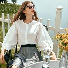 OLrain欧芮儿米白色长袖衬衫女早春2024新款宽松小众设计感上衣