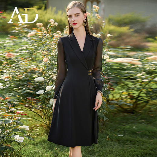 AD新中式连衣裙女遮肉显瘦接拼西服裙子正式场合国风长袖裙子春季 商品图2