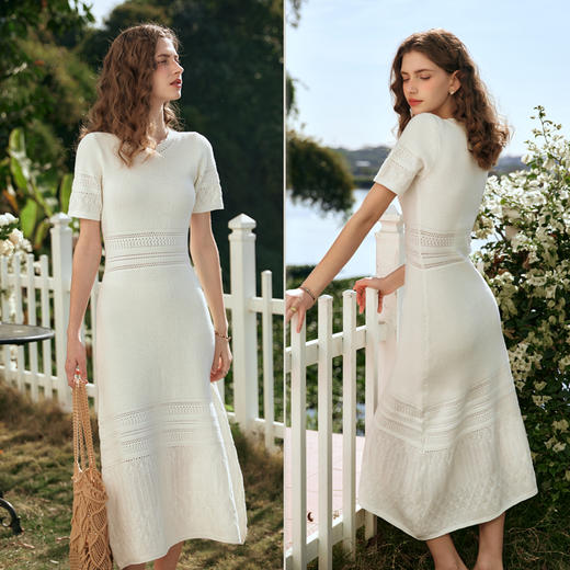 OLrain欧芮儿法式杏白色连衣裙女早春2024年新款气质镂空针织裙 商品图4