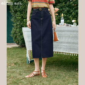 OLrain欧芮儿牛仔蓝半身裙女早春2024年新款高腰开叉A字包臀裙
