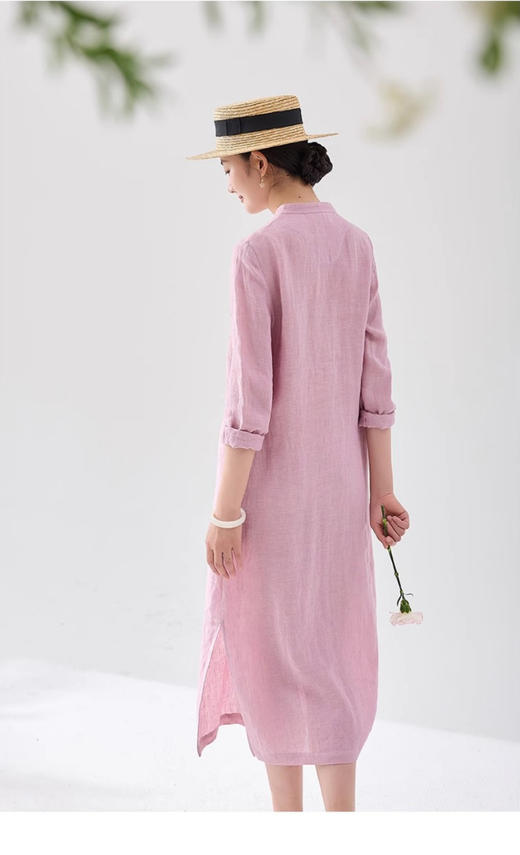 亚麻刺绣长袖长款连衣裙，立领宽松轻旗袍HS24832 商品图3